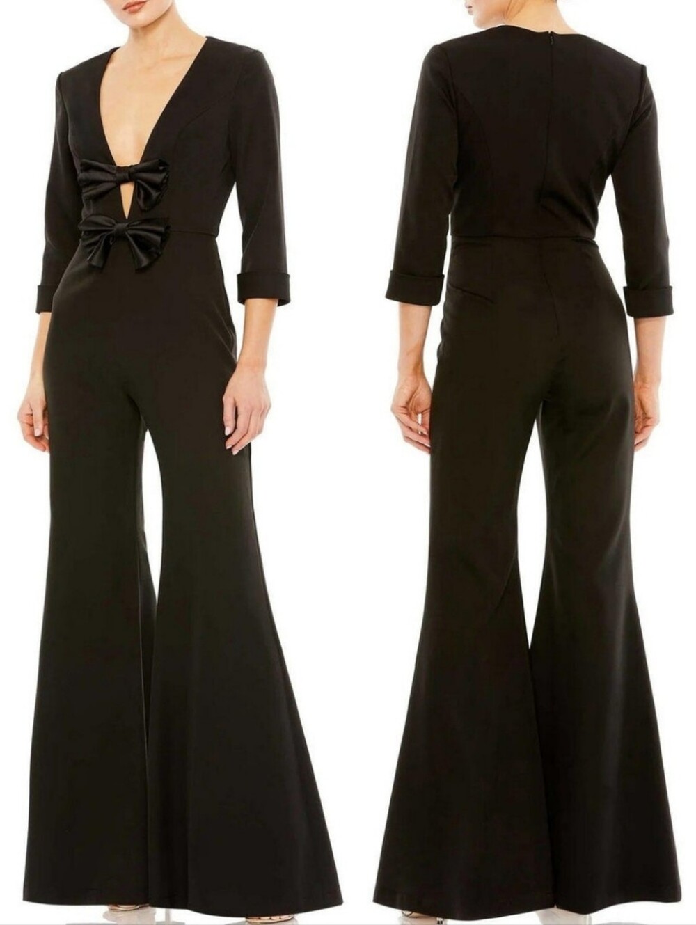 Ieena for Mac Duggal 27033 Black Flare Leg Deep V-Neck Bow Formal Jumpsuit 2 NWT
